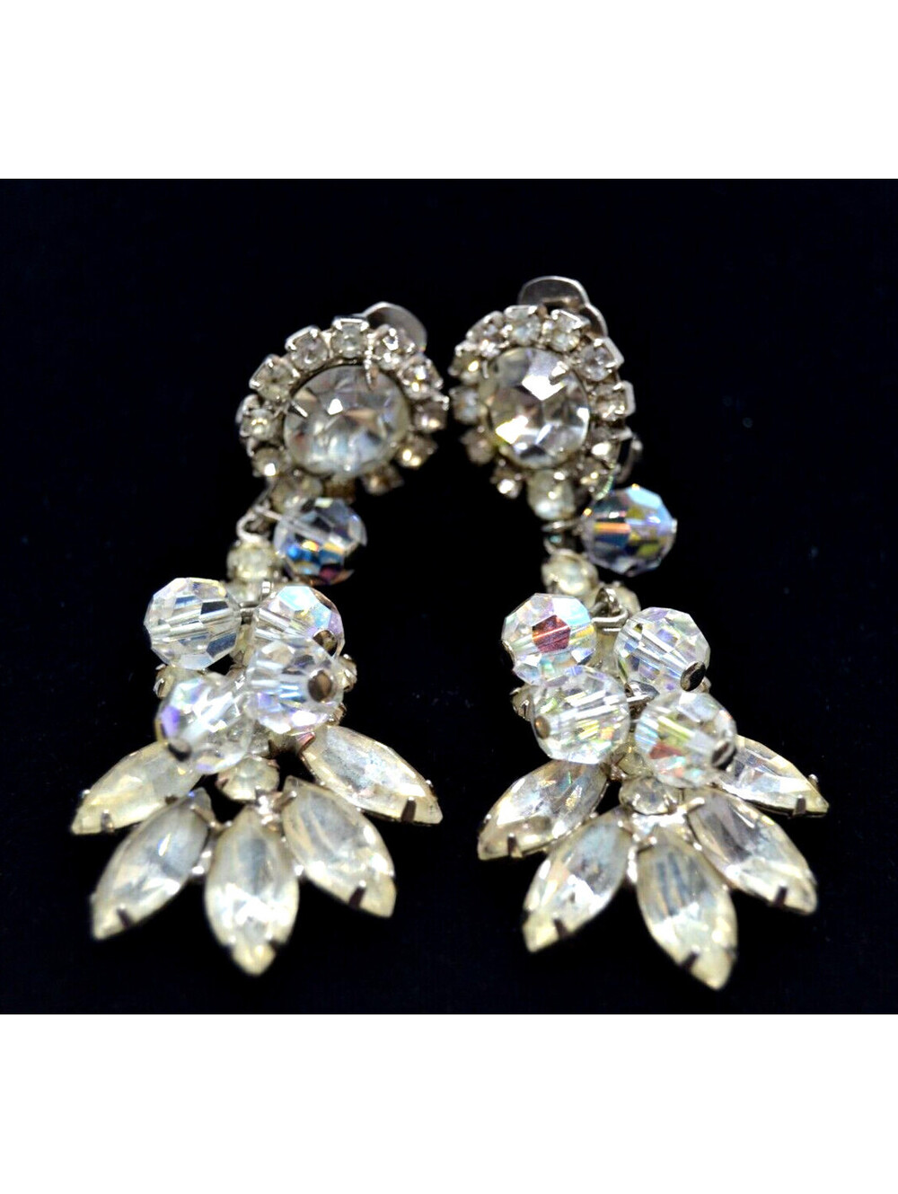 Vintage Clear Rhinestone Chandelier Clip-On Earrings Silver Tone 2" Statement